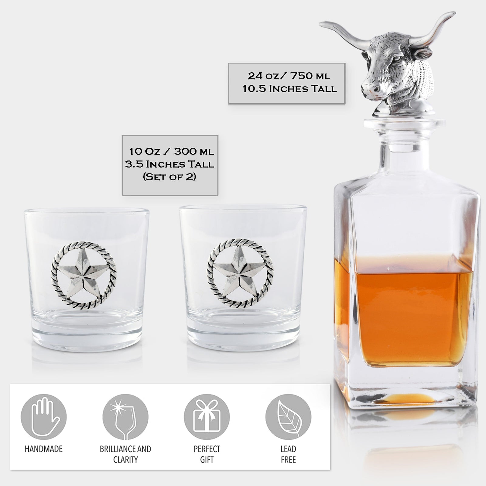 Arthur Court Western Frontier Longhorn Decanter Set with Pair of Glasses