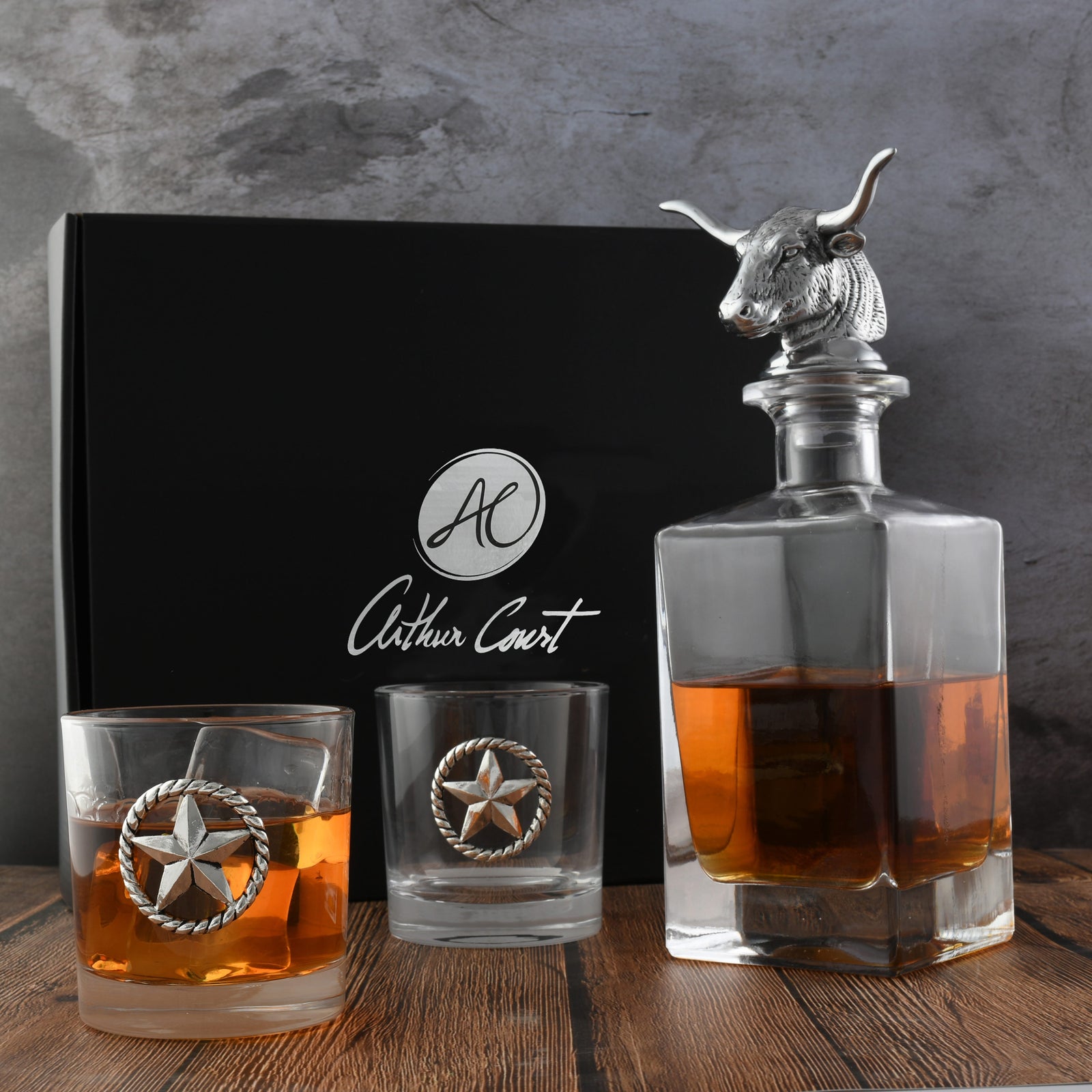 Arthur Court Western Frontier Longhorn Decanter Set with Pair of Glasses