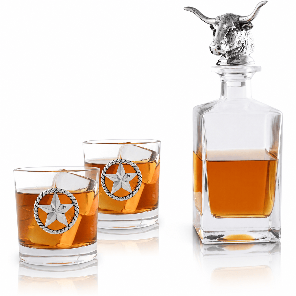 Arthur Court Western Frontier Longhorn Decanter Set with Pair of Glasses