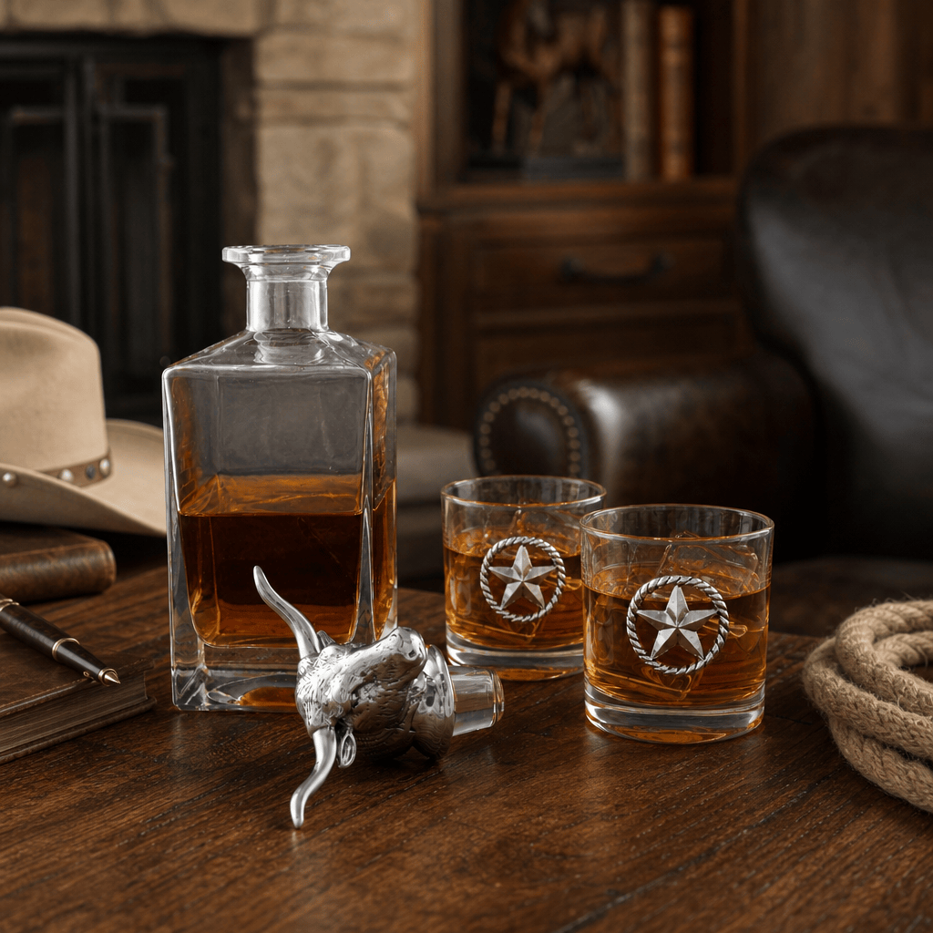 Arthur Court Western Frontier Longhorn Decanter Set with Pair of Glasses