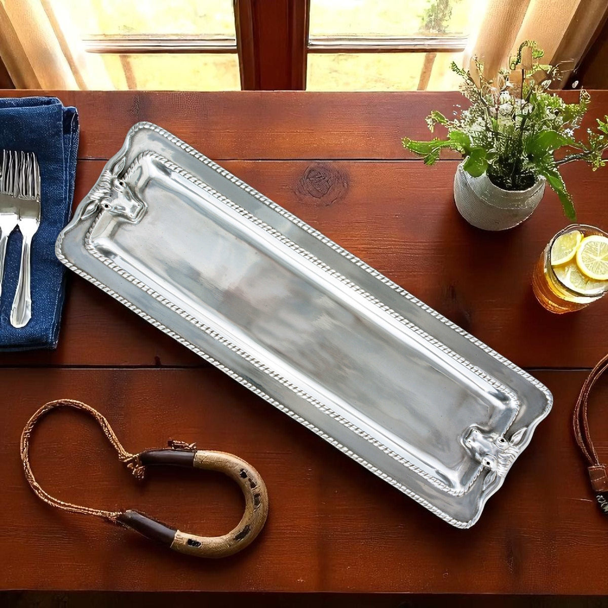 Arthur Court Western Frontier Longhorn with Braid Oblong Tray