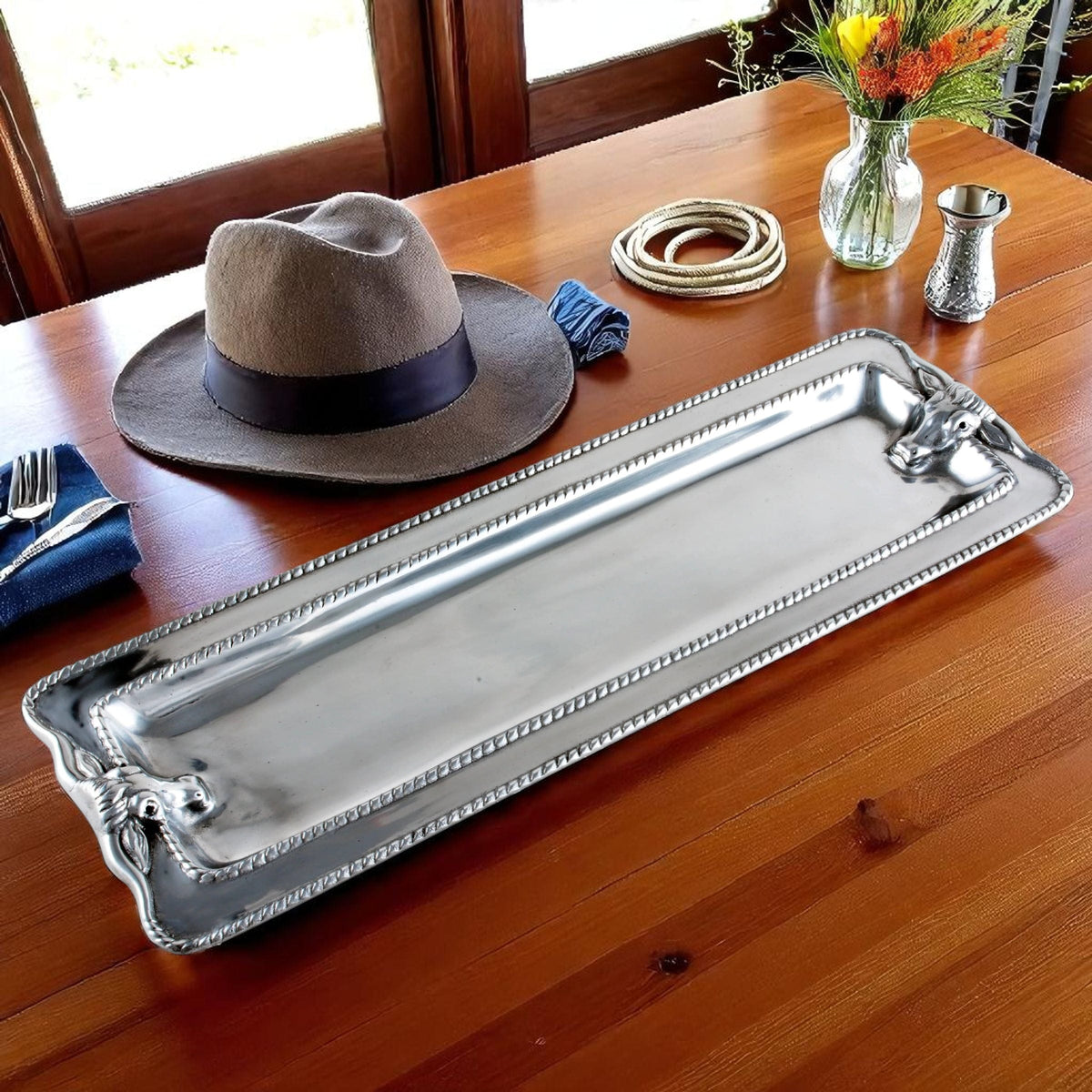 Arthur Court Western Frontier Longhorn with Braid Oblong Tray