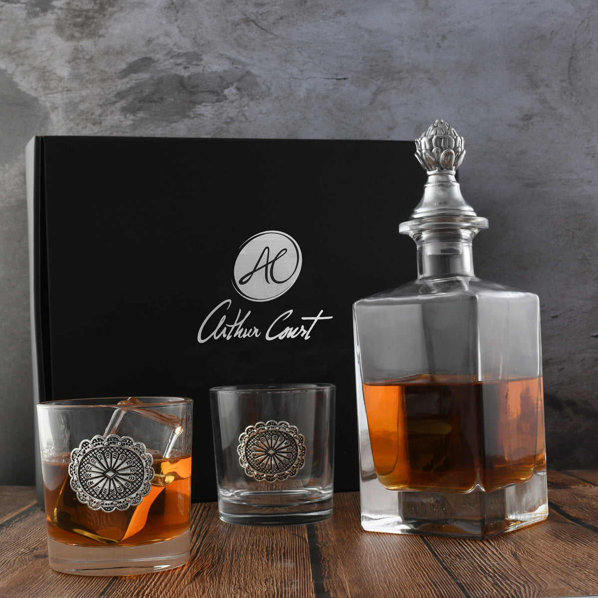Arthur Court Western Frontier Western Concho Decanter Set with Glasses