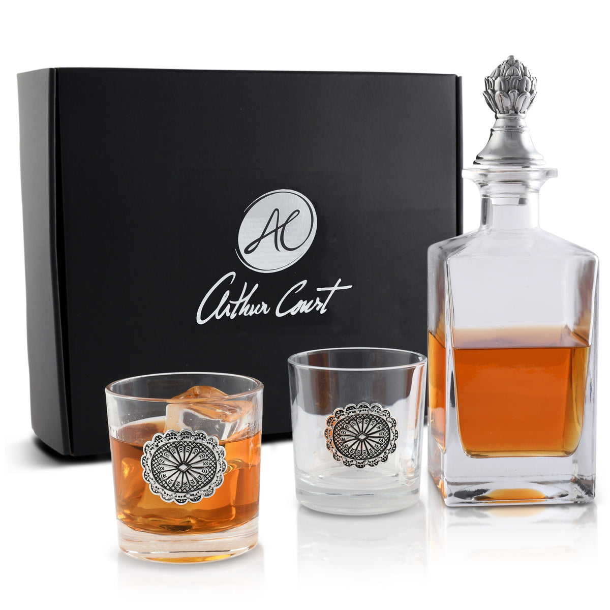 Arthur Court Western Frontier Western Concho Decanter Set with Glasses