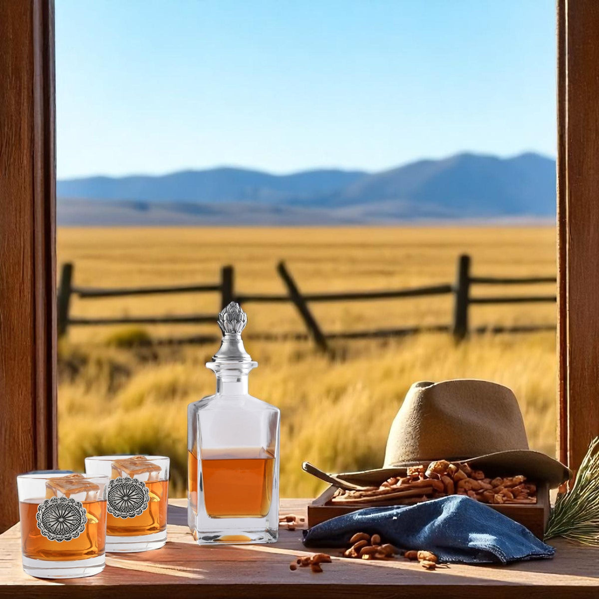 Arthur Court Western Frontier Western Concho Decanter Set with Glasses