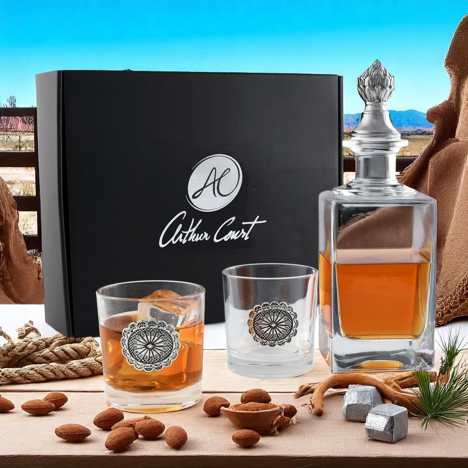 Arthur Court Western Frontier Western Concho Decanter Set with Glasses