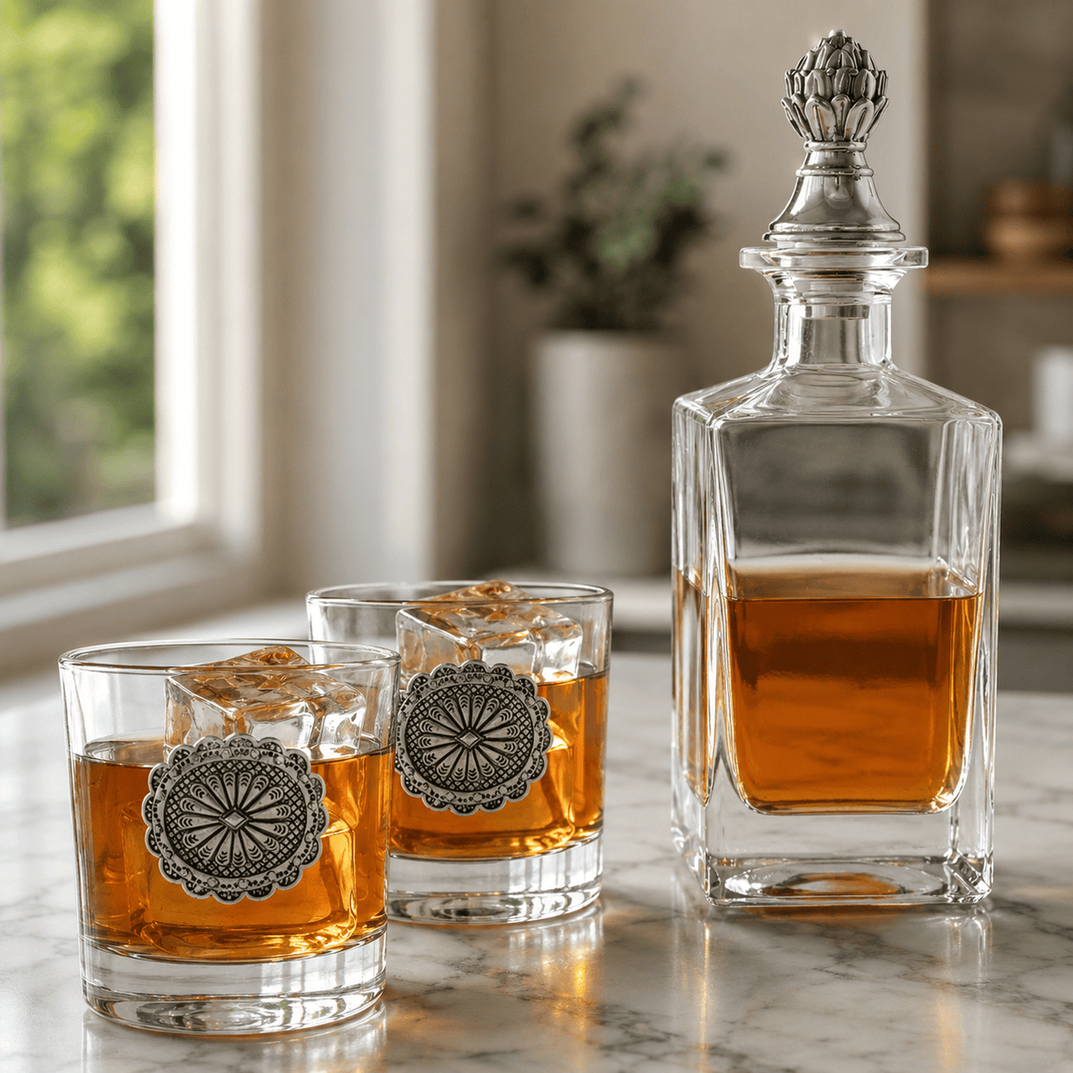 Arthur Court Western Frontier Western Concho Decanter Set with Glasses