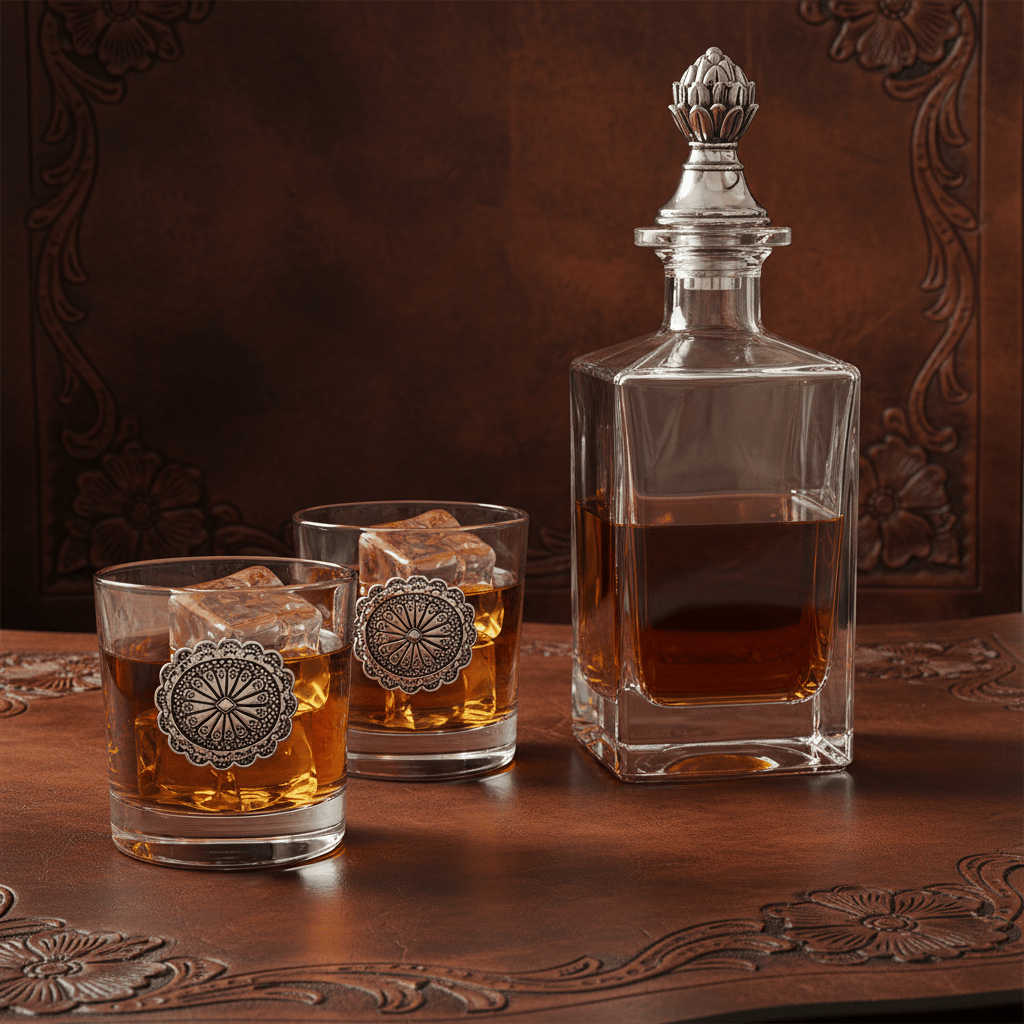 Arthur Court Western Frontier Western Concho Decanter Set with Glasses