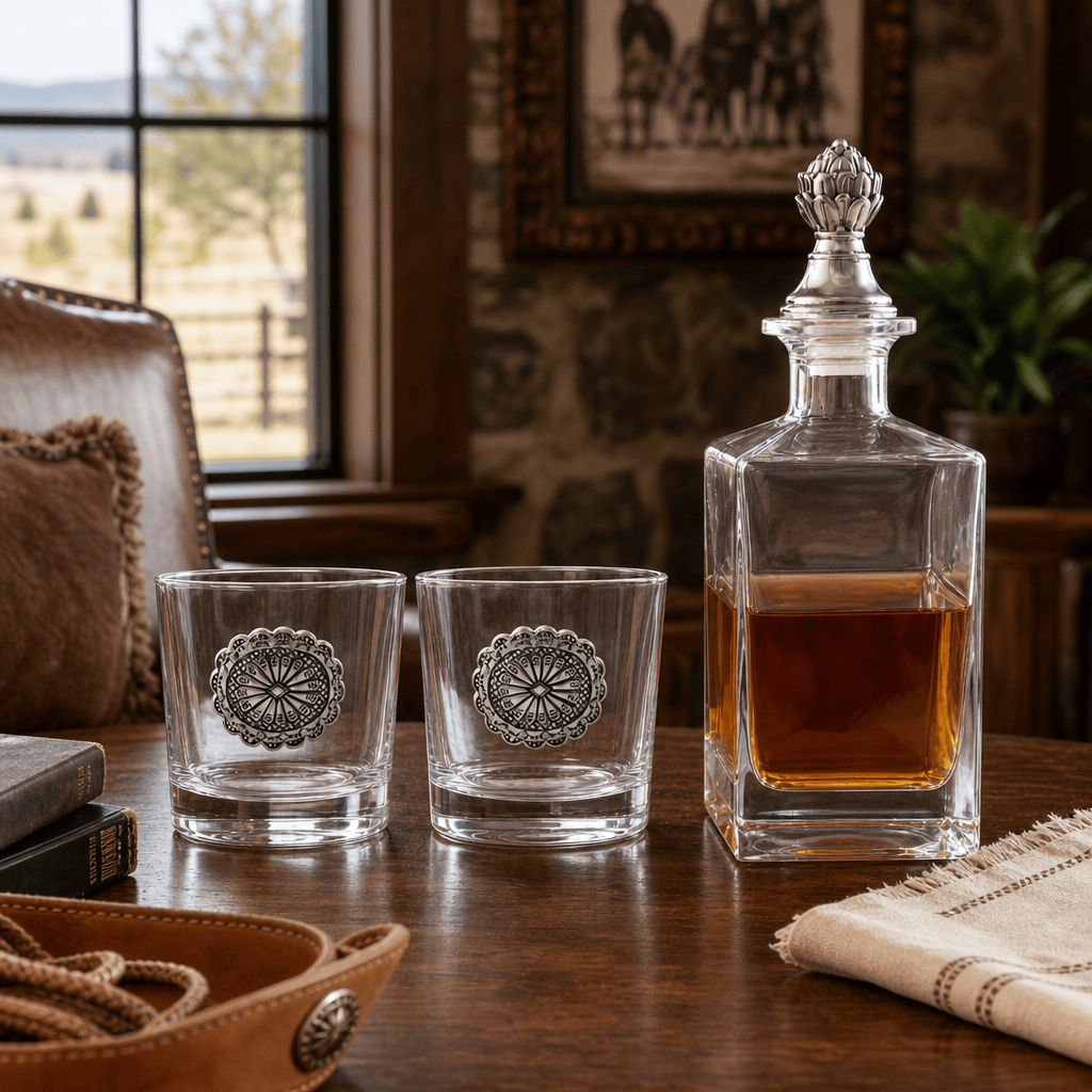 Arthur Court Western Frontier Western Concho Decanter Set with Glasses
