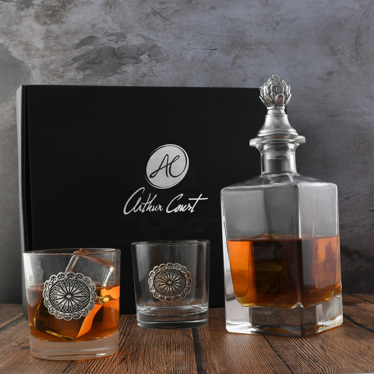 Arthur Court Western Frontier Western Concho Decanter Set with Glasses