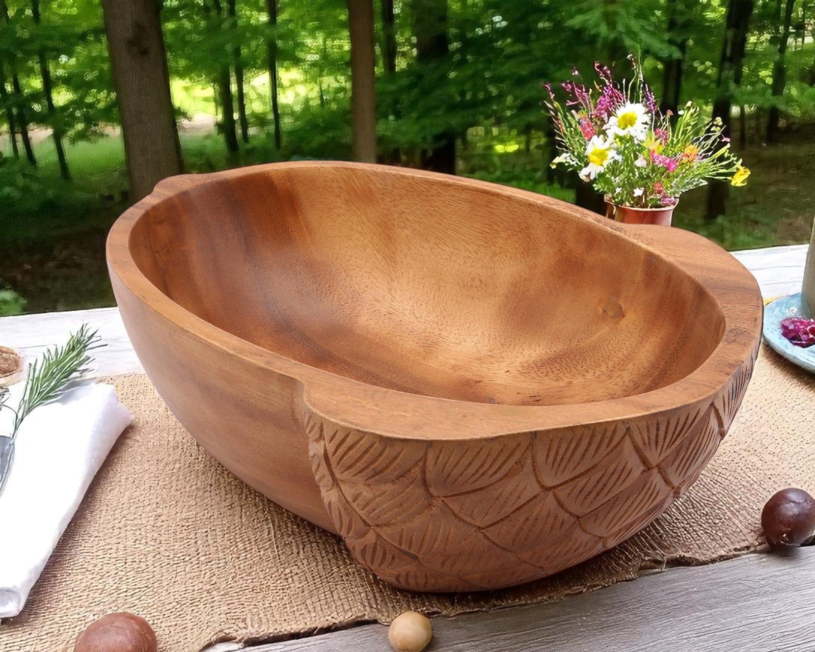 Arthur Court Wood Bowls / Boards Acorn Shape Acacia Wood Salad  Bowl Large