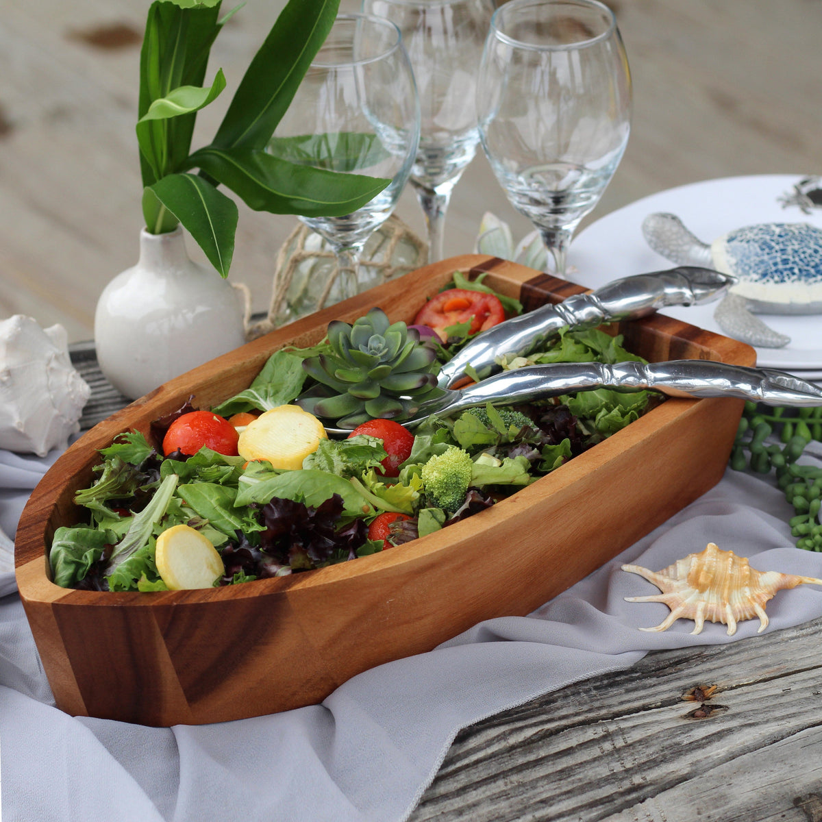 Arthur Court Wood Bowls / Boards Boat Shape Acacia Wood Salad Bowl Large