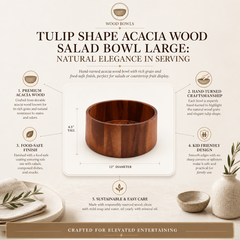 Arthur Court Wood Bowls / Boards Tulip Shape Acacia Wood Salad Bowl Large
