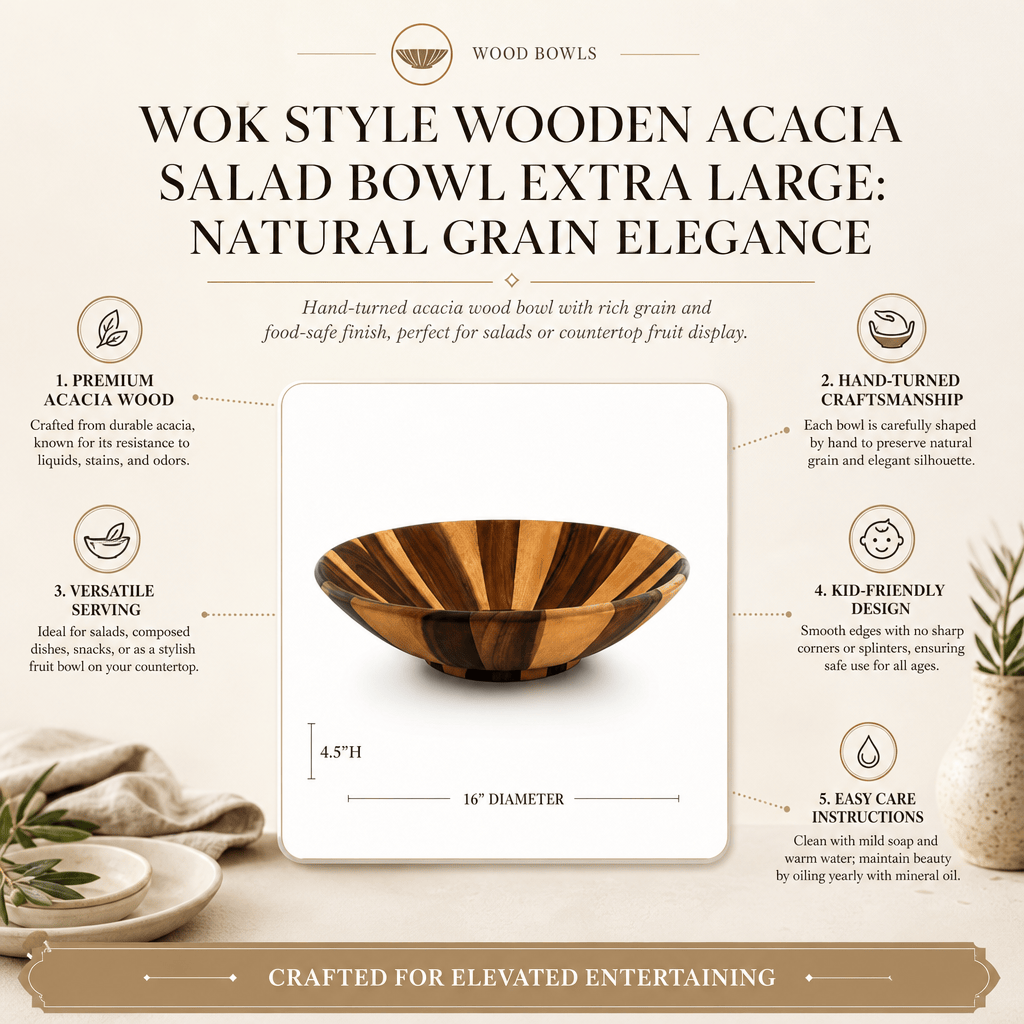 Arthur Court Wood Bowls / Boards Wok Style Wooden Acacia Salad Bowl Extra Large