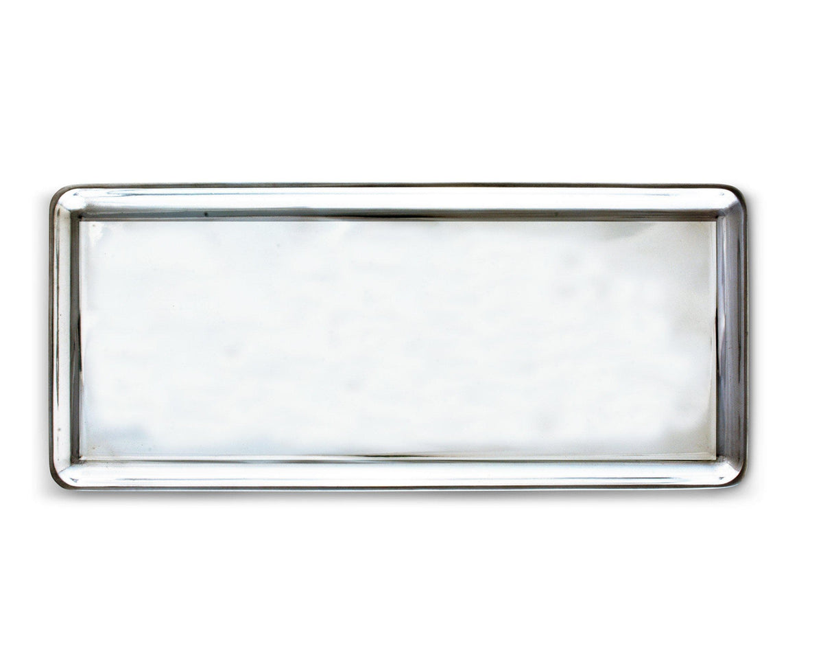 Sleek oblong tray with metallic finish viewed from above, presenting a modern classic for luxury home decor.