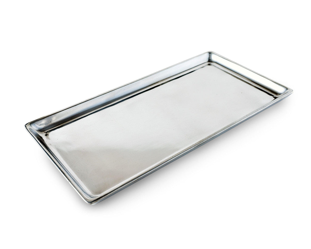 This oblong tray, showcased in a side view, features a sleek metallic finish, ideal for modern classic table settings.