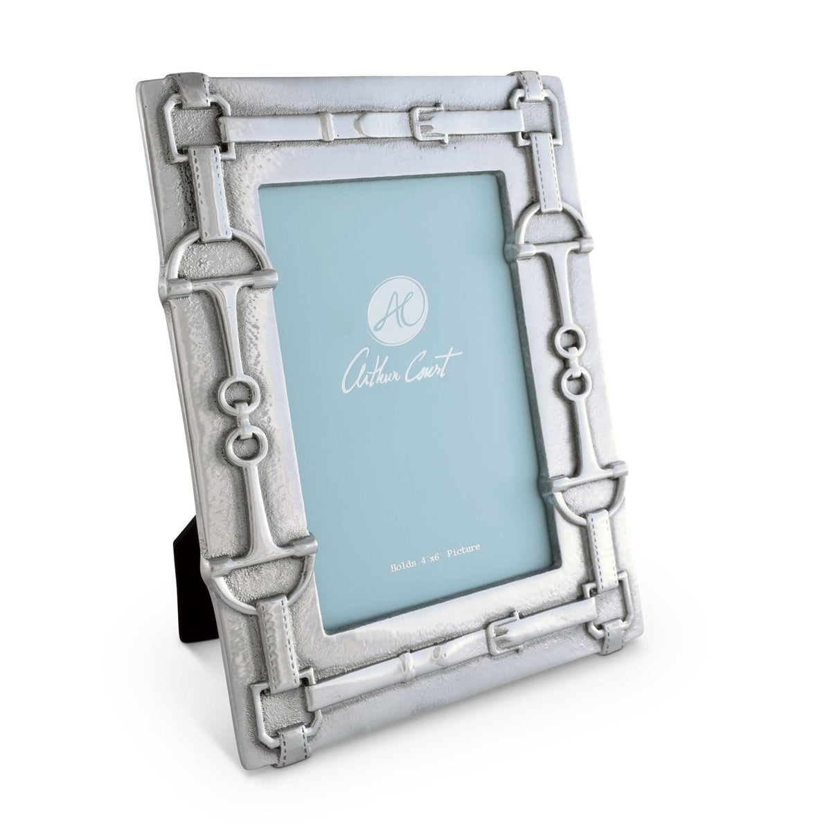 Angled view displaying Arthur Court equestrian-themed silver picture frame with bit details, ideal for luxury home decor.
