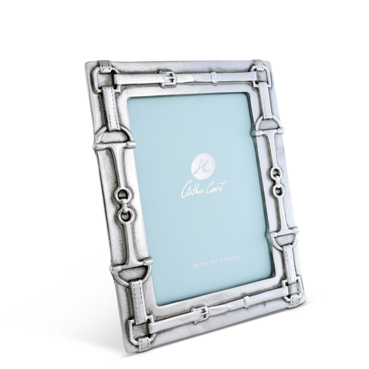 Angled view featuring an Arthur Court equestrian-themed picture frame with intricate silver bit details, perfect for luxury home decor.