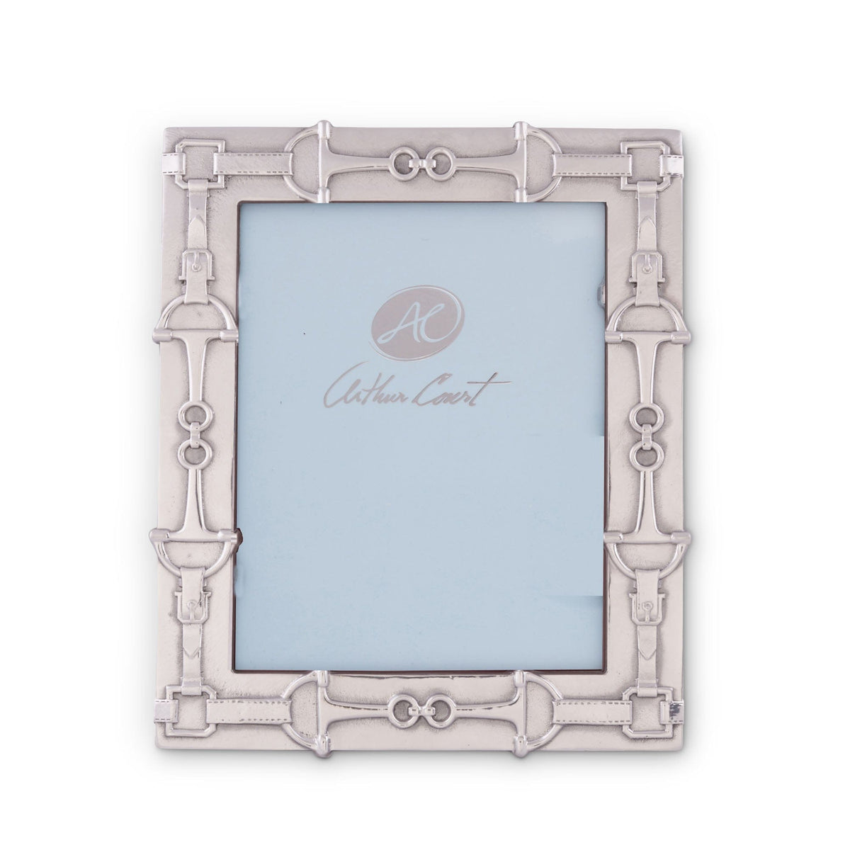 Straight-on view of Arthur Court equestrian-themed photo frame featuring silver bit design with light blue center, ideal luxury home accessory