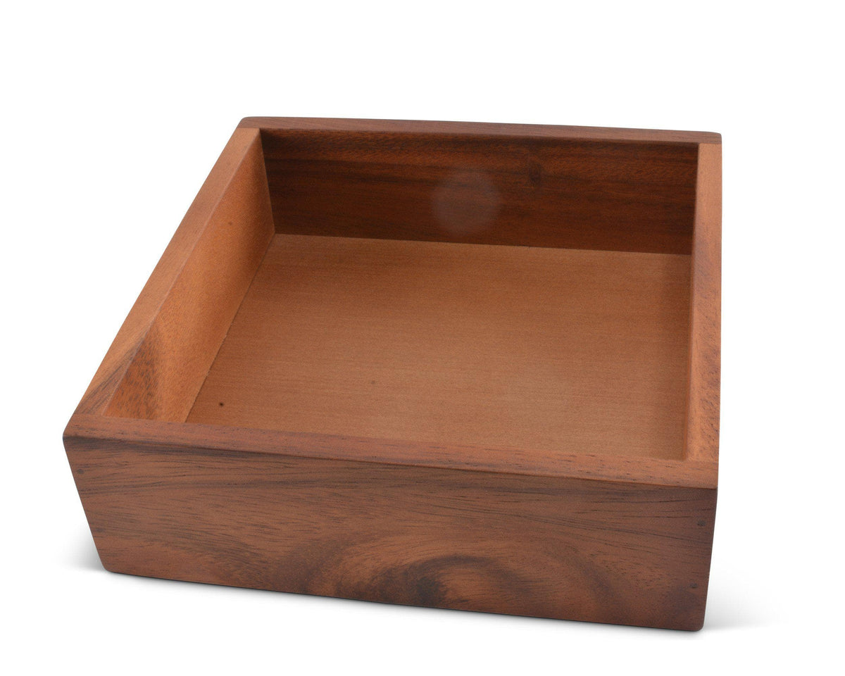 Wooden napkin holder viewed at an angle, showcasing its artisanal craftsmanship and natural wood grain, ideal for kitchen decor.
