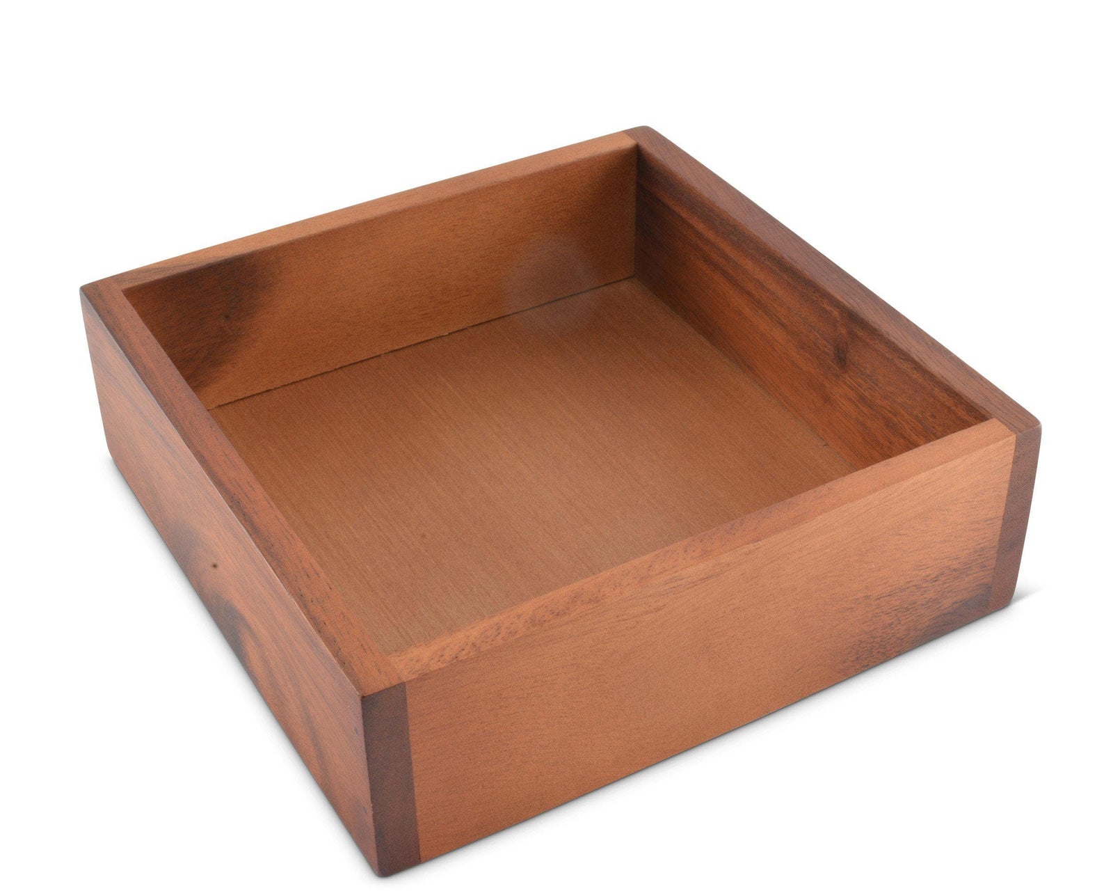 Wooden napkin holder in a close-up angled view showcasing its artisanal craftsmanship, perfect for modern classic kitchen decor.
