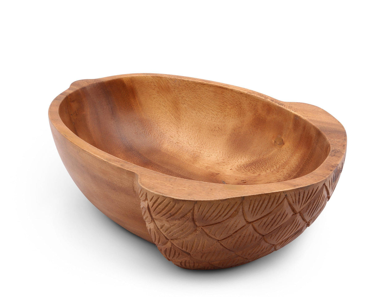 Artisanal wooden salad bowl viewed from a slight angle, showcasing intricate carved detail, perfect for modern classic table settings.