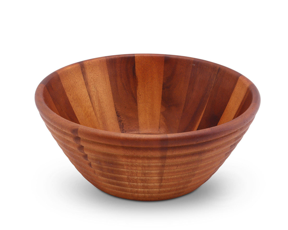 A wooden salad bowl viewed from the side showcases artisanal craftsmanship and makes a perfect decorative bowl.