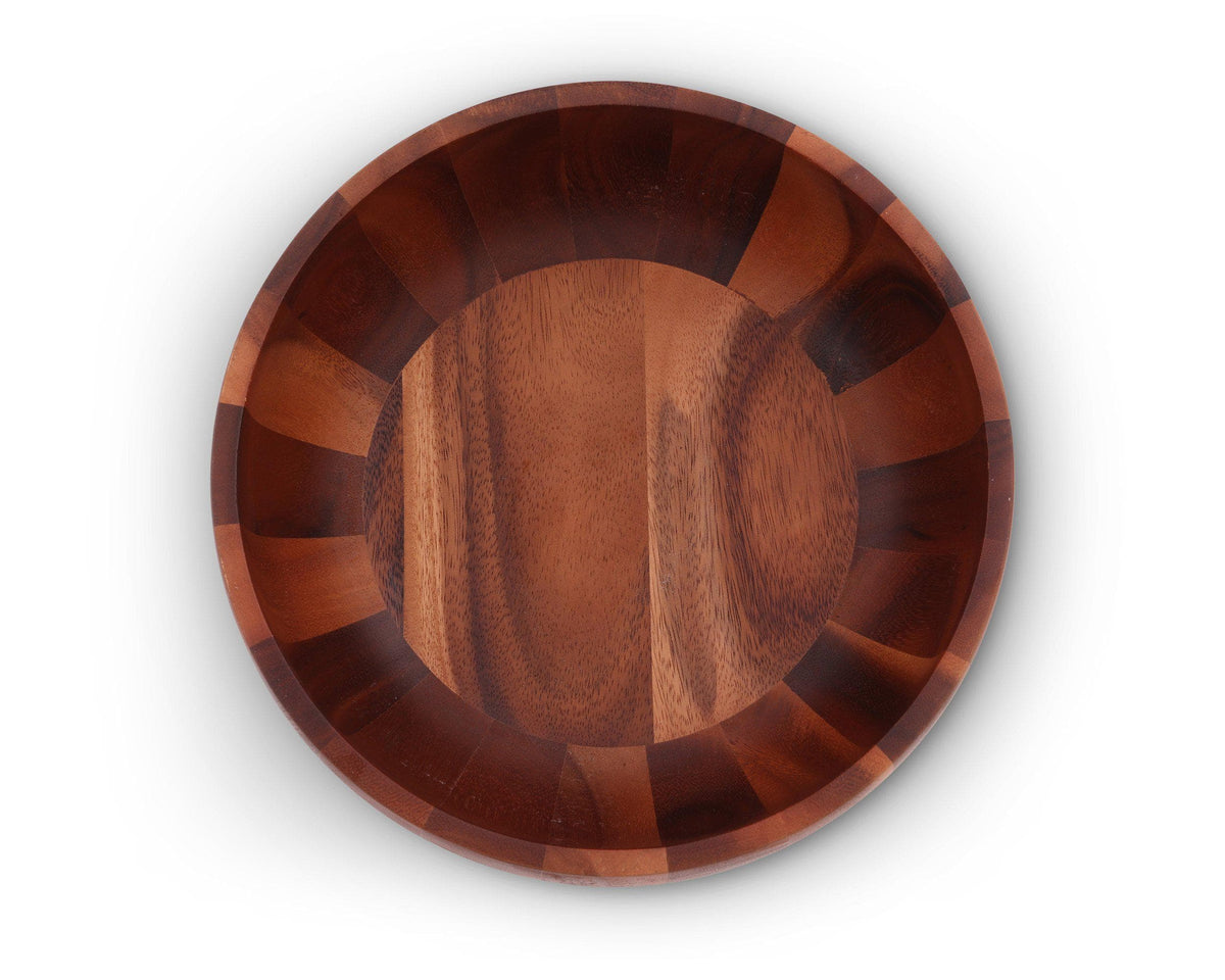 A wooden salad bowl, viewed from above, showcasing artisanal craftsmanship and premium material for elegant kitchen decor.