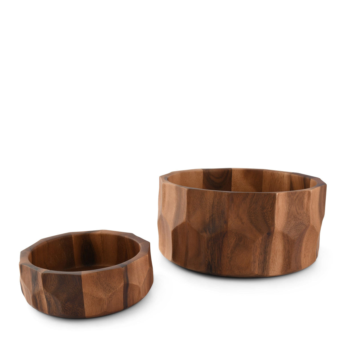 Two handcrafted wooden salad bowls viewed from a slight angle, showcasing their artisanal craftsmanship and modern classic design.