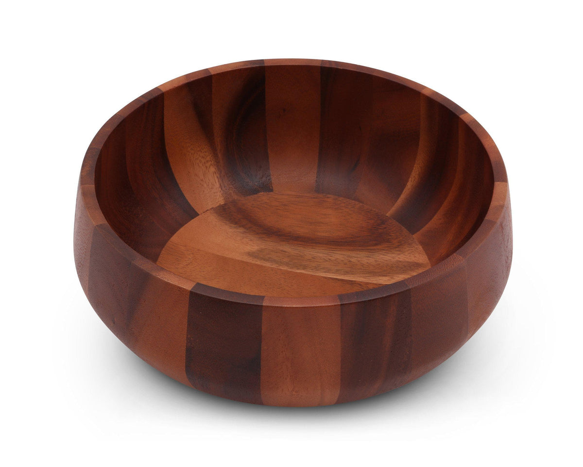 A wooden salad bowl angled in a side view, showcasing its rich wood grain, ideal as an elegant accent.