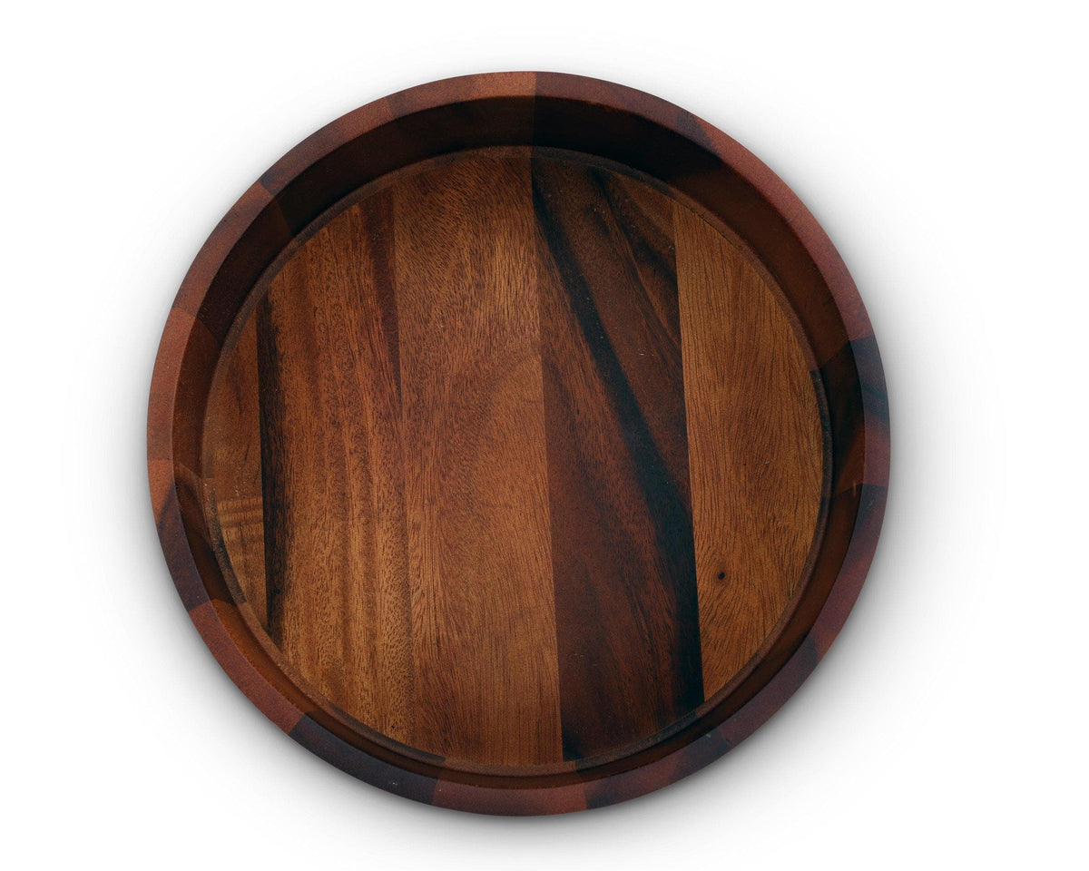 Wooden salad bowl with rich grain patterns, viewed from above, showcasing artisanal craftsmanship for elegant table settings.