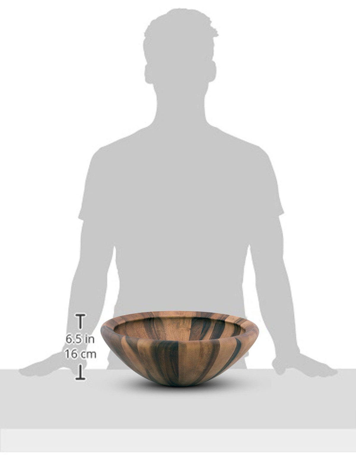 A decorative wooden salad bowl in a side view, showcasing its elegant craftsmanship and modern classic design against a silhouette background.