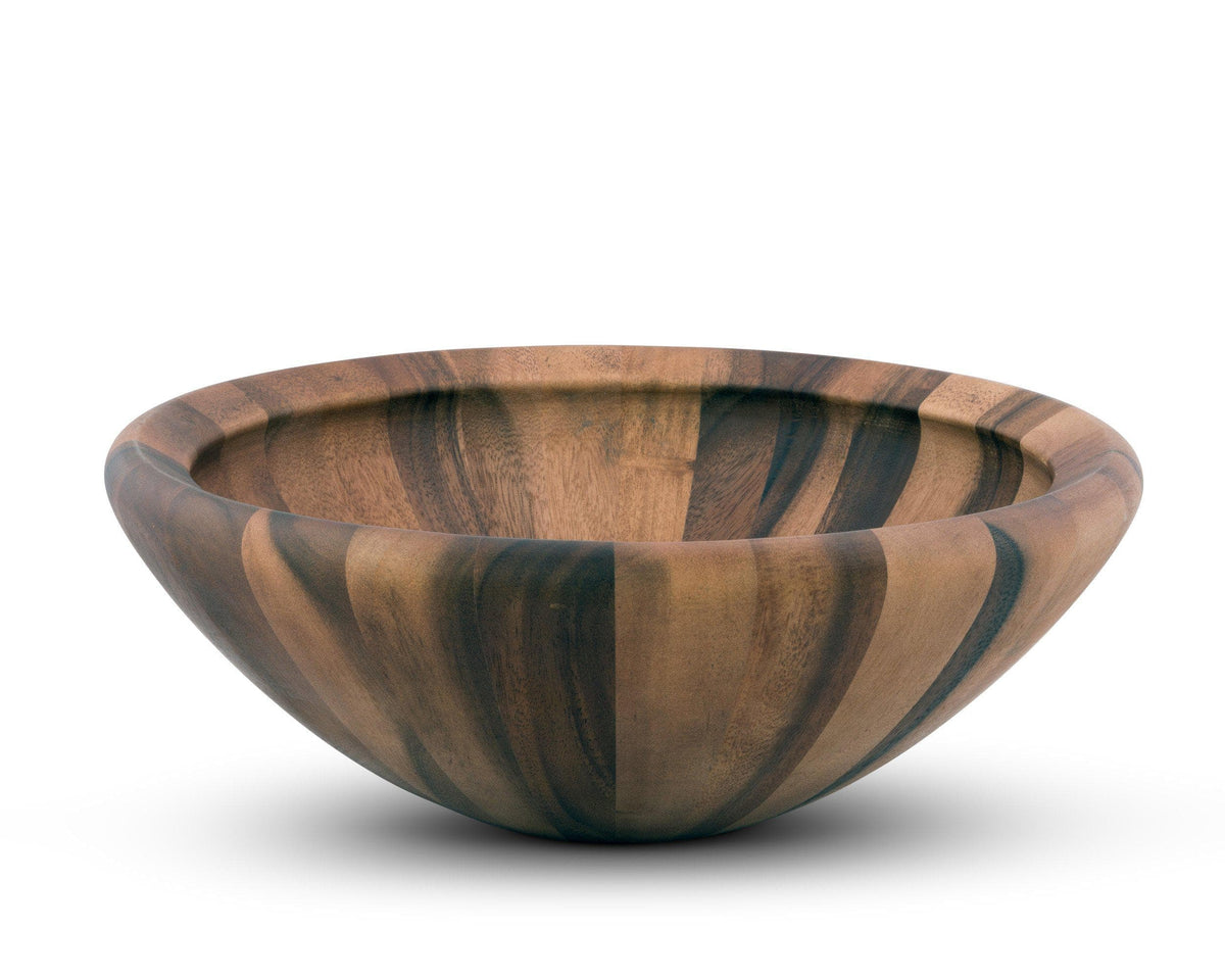 Angled view of a wooden salad bowl showcasing artisanal craftsmanship and elegant accent, perfect for kitchen decor.