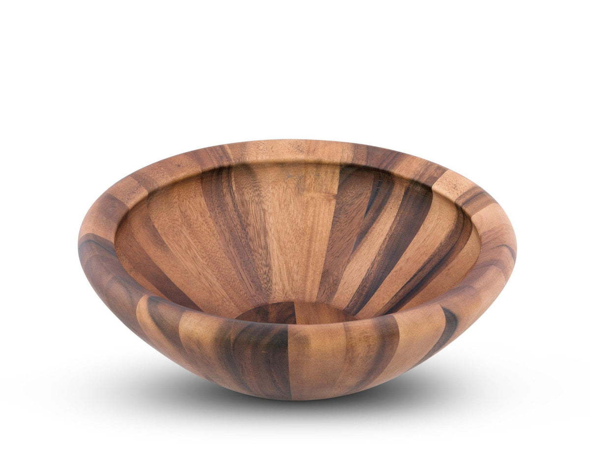 A handcrafted wooden salad bowl viewed from a slightly elevated angle, showcasing its artisan craftsmanship and premium material design.