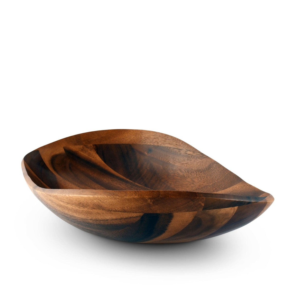 Handcrafted wooden salad bowl viewed from a side angle, showcasing rich grain patterns, perfect for kitchen decor.