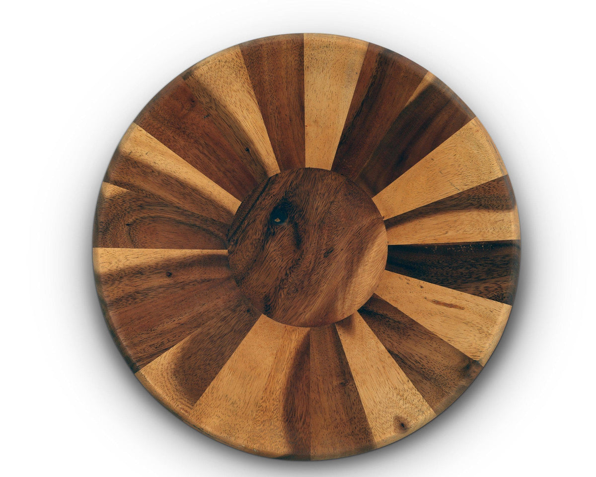 A handcrafted wooden salad bowl with a striped pattern, seen from above, making a perfect centerpiece for kitchen decor.