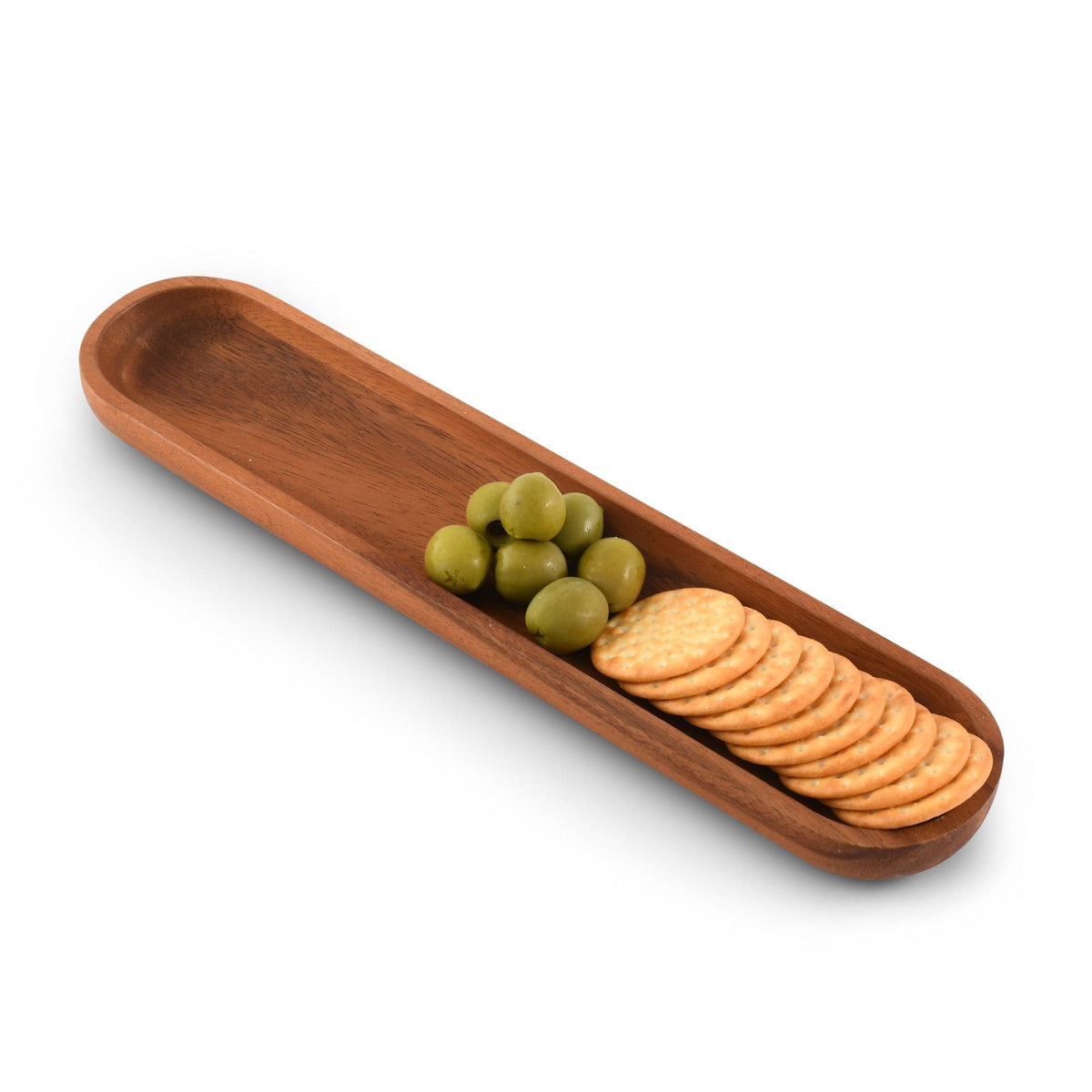 In an angled view, this elegant cracker tray displays olives and crackers, exemplifying a modern classic serving piece.