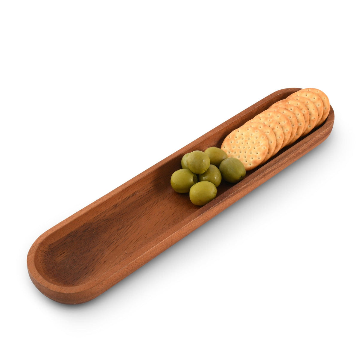 Beautiful wooden cracker tray with olives and crackers, angled view showcasing elegant design and artisanal craftsmanship.