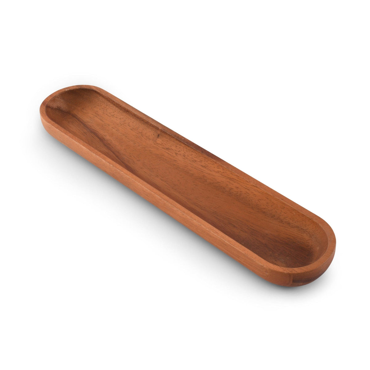 A sleek wooden cracker tray sits elegantly viewed from a slight angle, showcasing its artisanal craftsmanship.