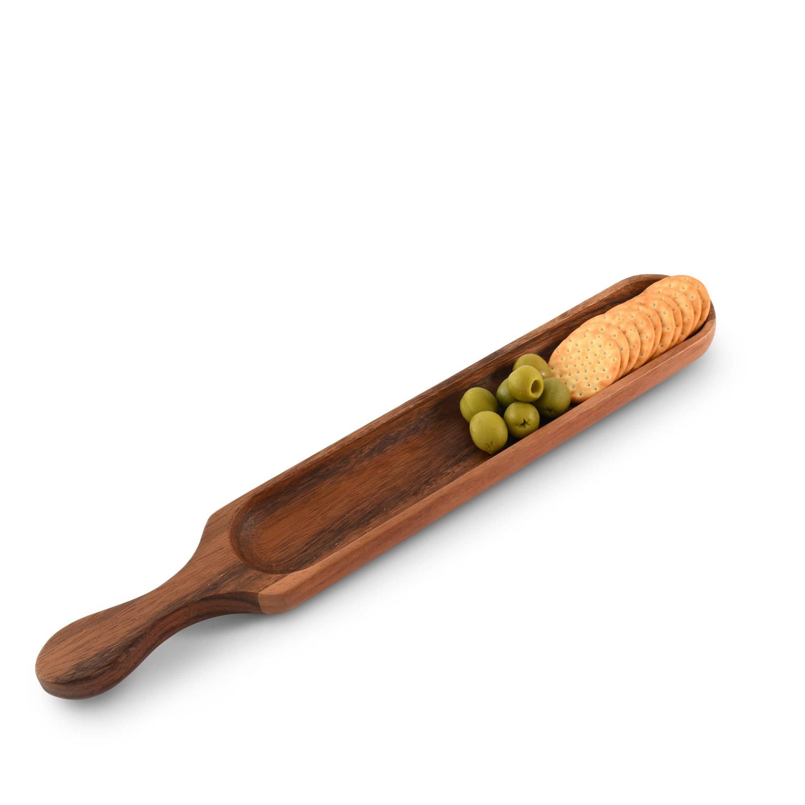 Angled view of a wooden cracker tray holding olives and crackers, ideal as a luxury home accessory.