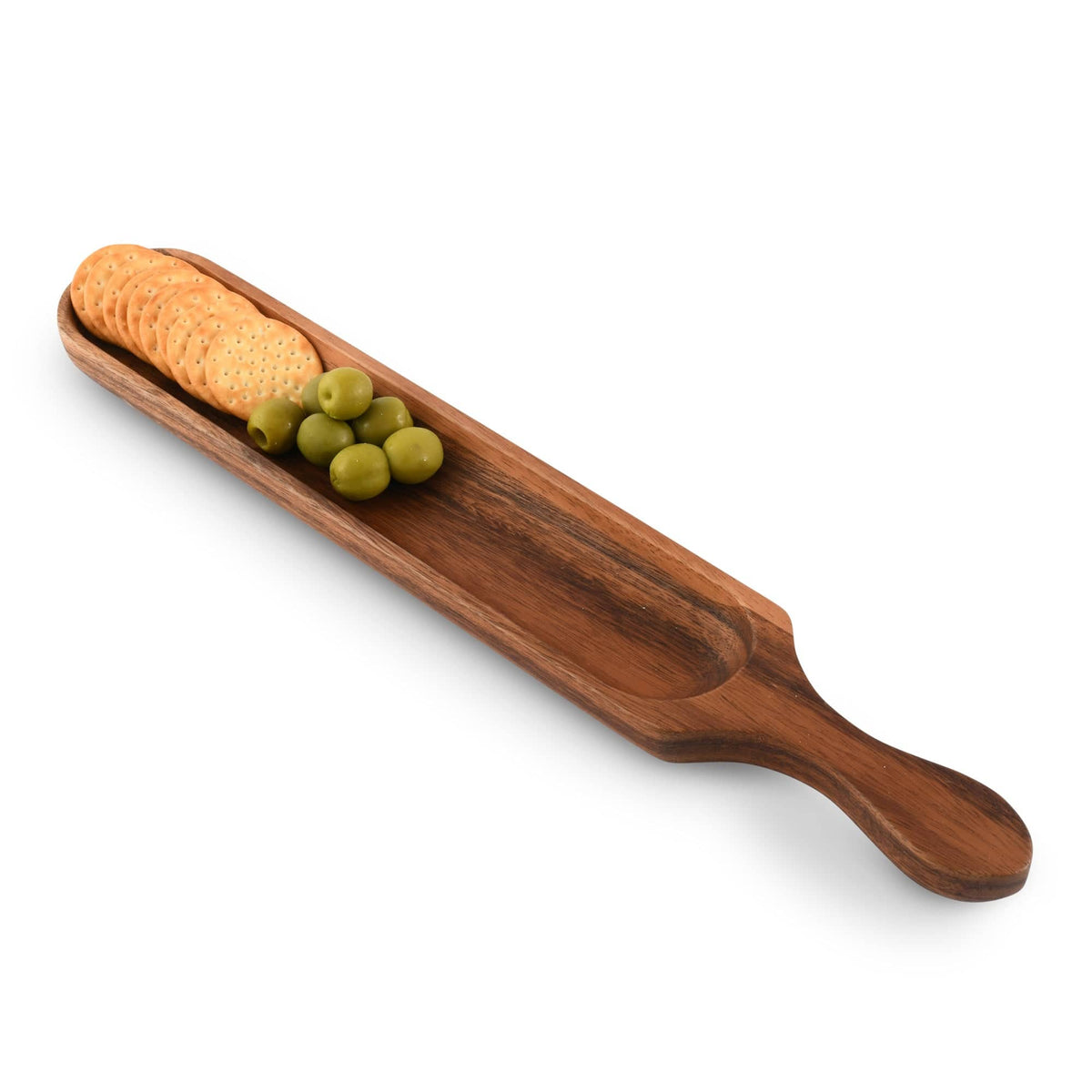 A wooden cracker tray with olives and crackers viewed at an angle, showcasing its artisanal craftsmanship and elegant accent.