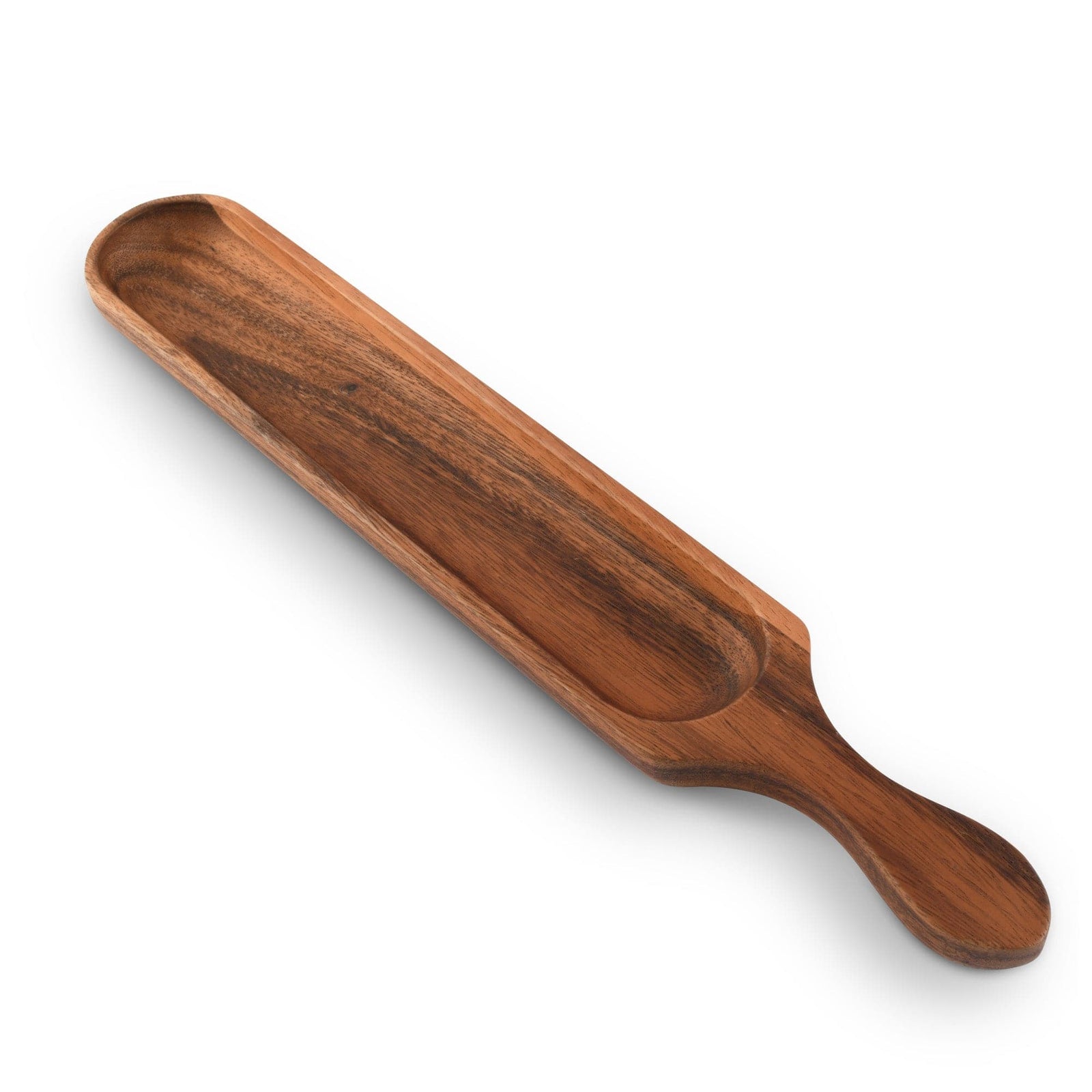 This wooden cracker tray, angled for a detailed view, showcases artisanal craftsmanship and elegant kitchen decor.